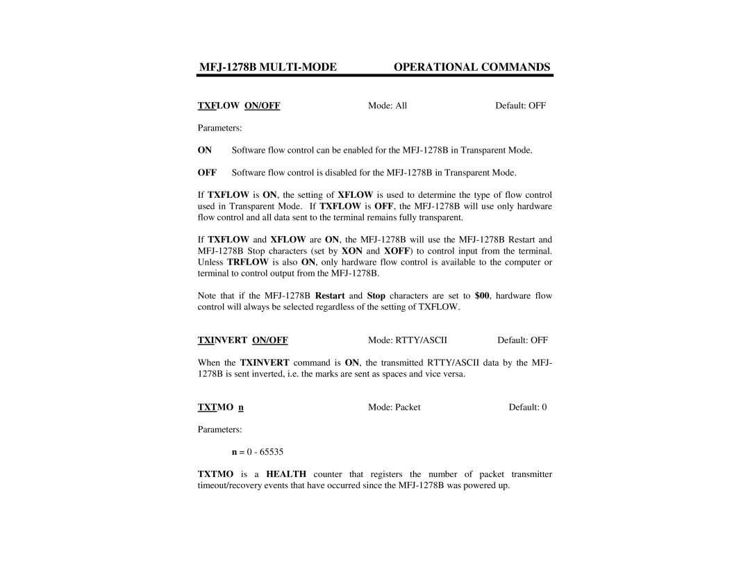 Epson MFJ-1278B manual Txflow ON/OFF, Txinvert ON/OFF, Txtmo n Mode Packet Default 