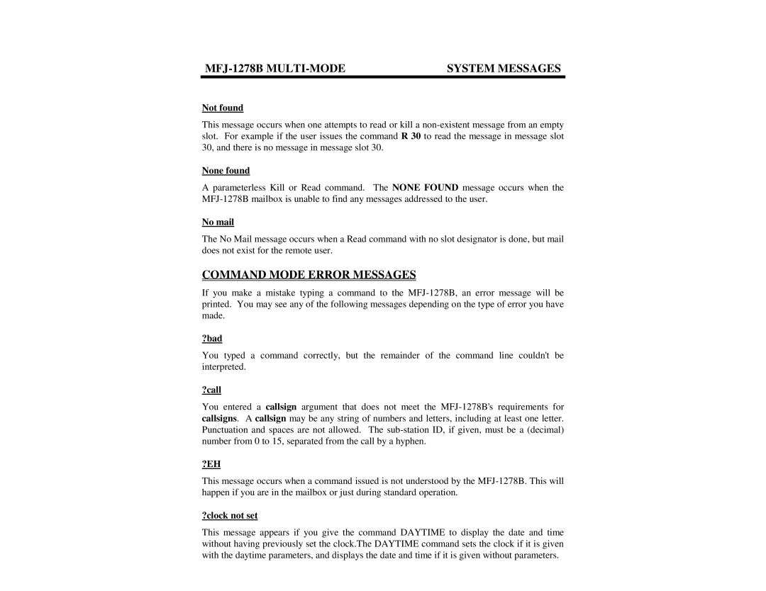 Epson MFJ-1278B manual Command Mode Error Messages, ?bad, ?call, ?clock not set 