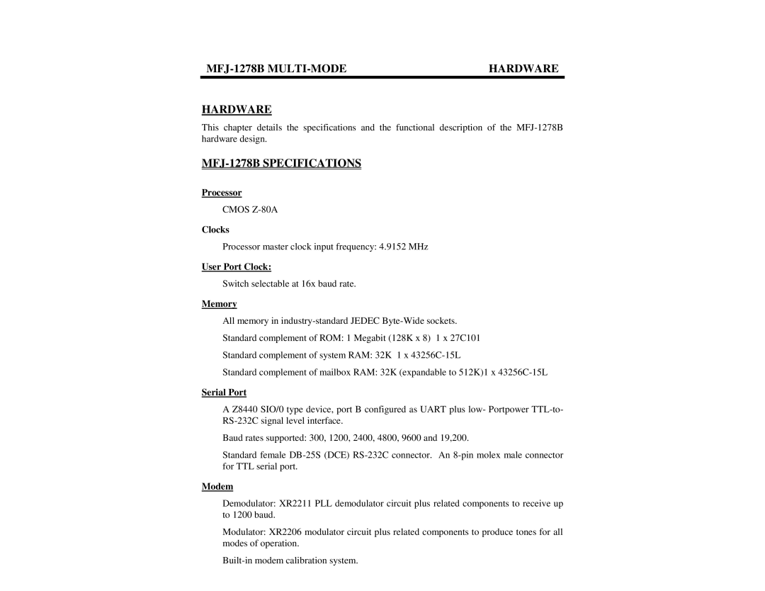 Epson manual MFJ-1278B MULTI-MODE Hardware, MFJ-1278B Specifications 