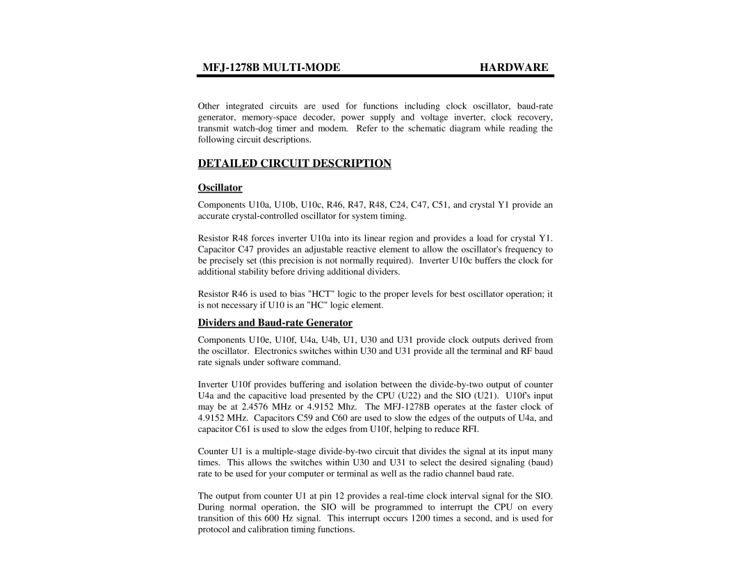 Epson MFJ-1278B manual Detailed Circuit Description, Oscillator, Dividers and Baud-rate Generator 