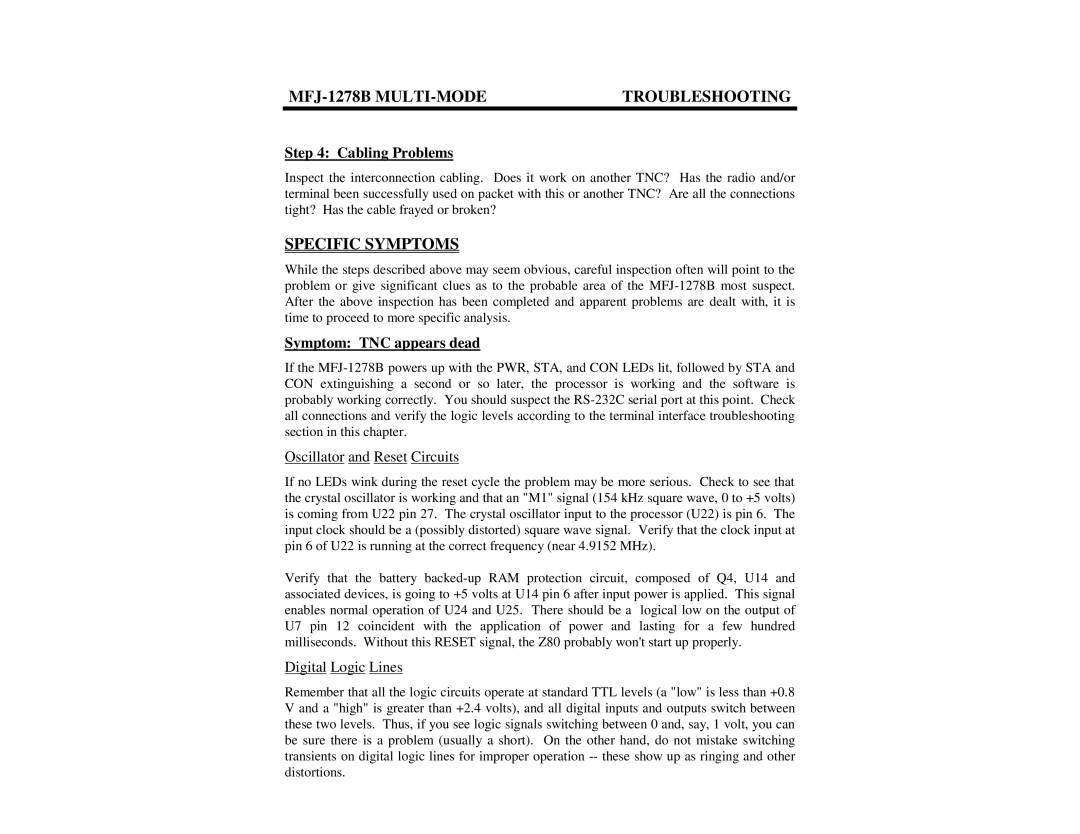 Epson MFJ-1278B manual Specific Symptoms, Cabling Problems, Symptom TNC appears dead, Oscillator and Reset Circuits 