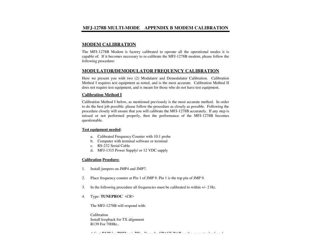 Epson manual MFJ-1278B MULTI-MODE Appendix B Modem Calibration, MODULATOR/DEMODULATOR Frequency Calibration 