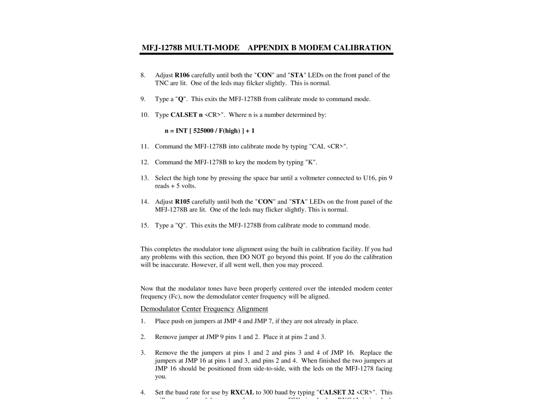 Epson MFJ-1278B manual Demodulator Center Frequency Alignment, = INT 525000 / Fhigh + 