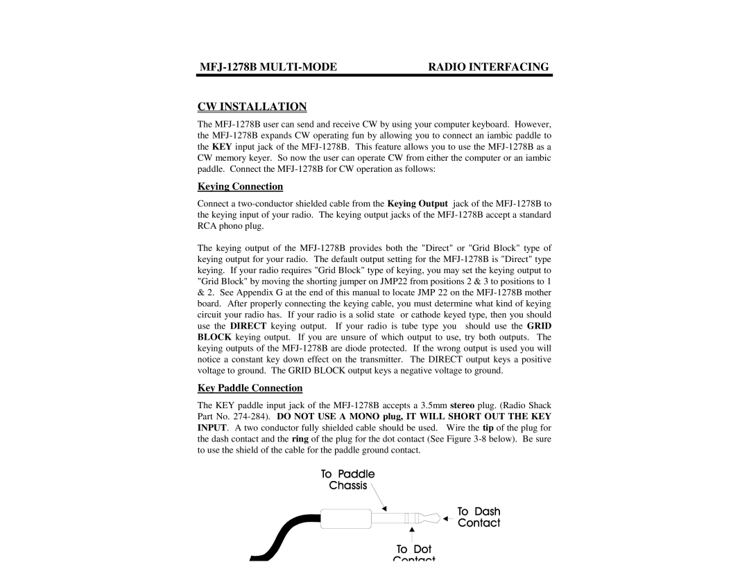 Epson manual MFJ-1278B MULTI-MODE Radio Interfacing CW Installation, Keying Connection, Key Paddle Connection 