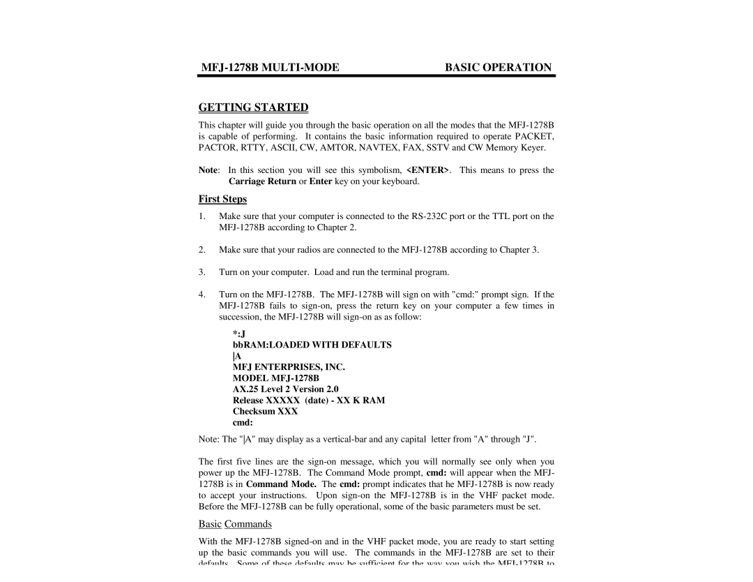 Epson manual MFJ-1278B MULTI-MODE Basic Operation Getting Started, First Steps, Basic Commands 