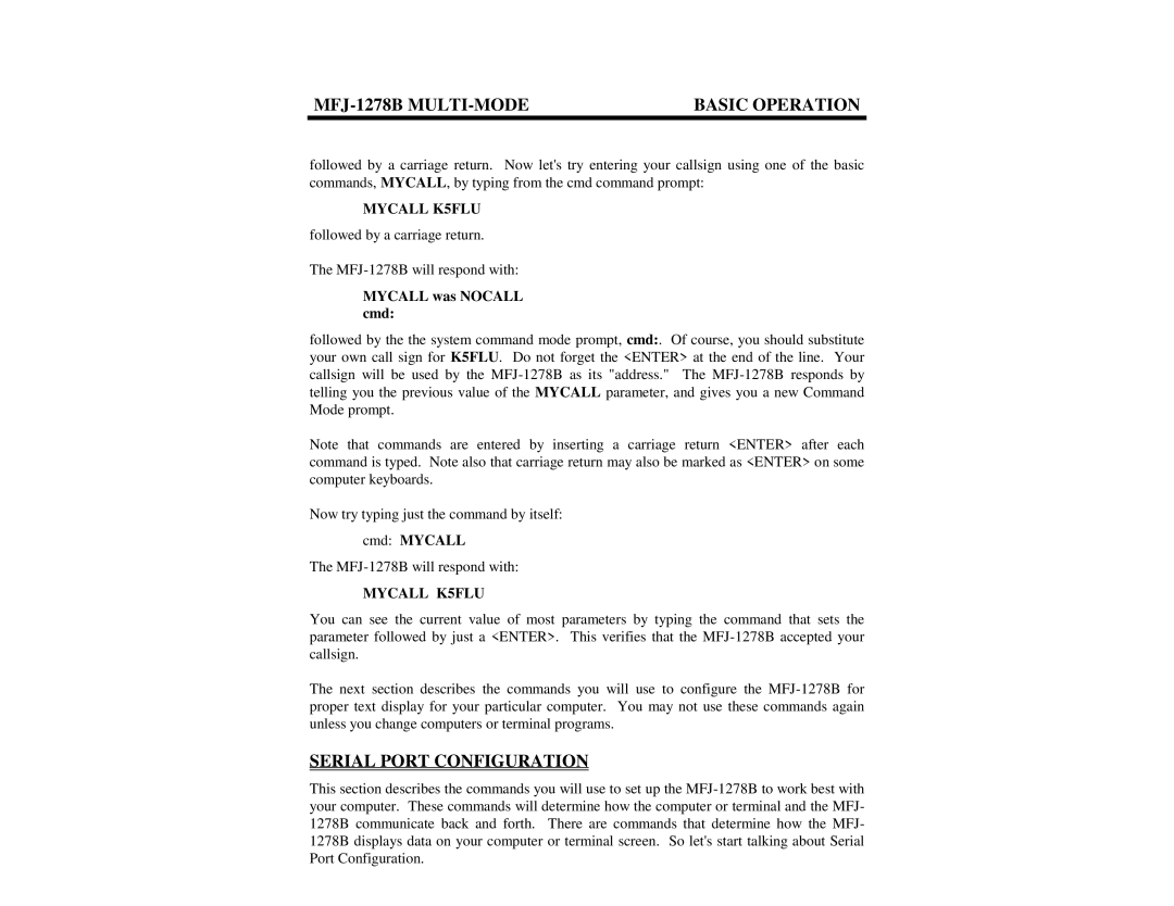 Epson MFJ-1278B MULTI-MODE Basic Operation, Serial Port Configuration, Mycall K5FLU, Mycall was Nocall cmd, Cmd Mycall 