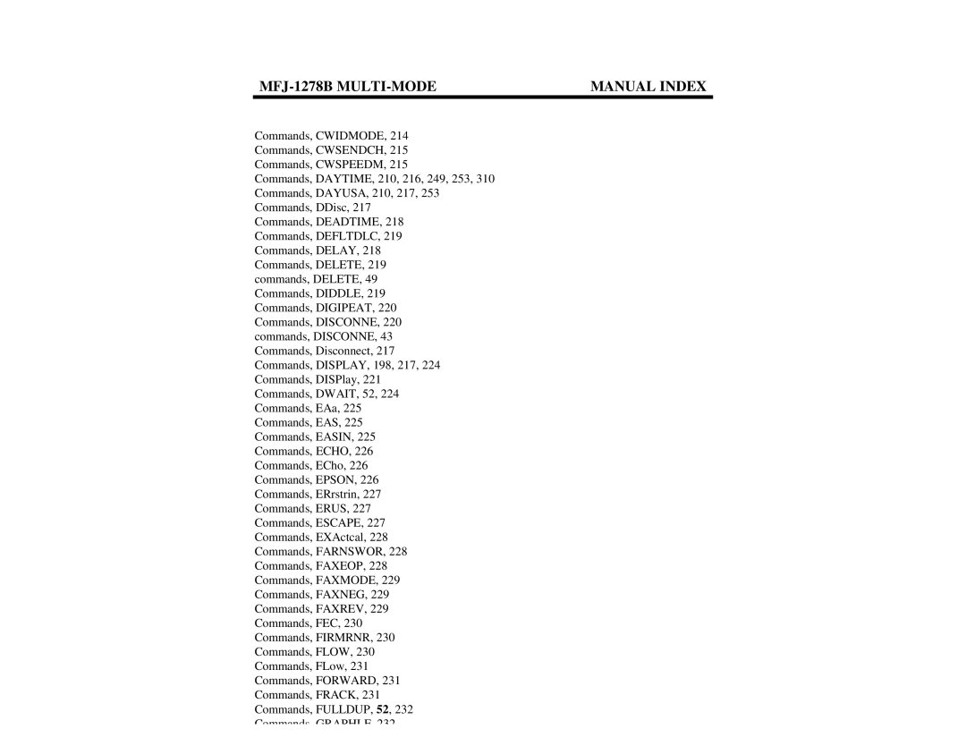 Epson manual MFJ-1278B MULTI-MODE Manual Index 