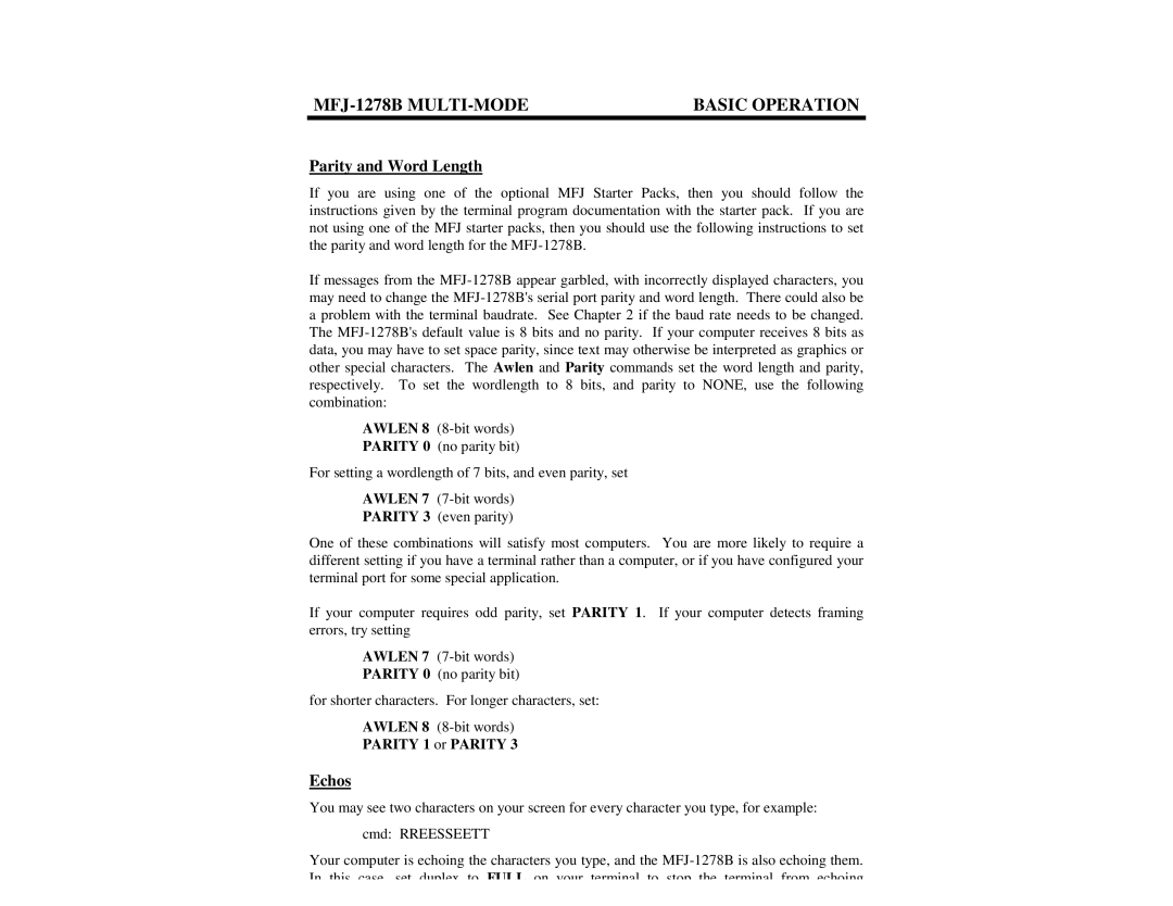 Epson MFJ-1278B manual Parity and Word Length, Echos, Parity 1 or Parity 