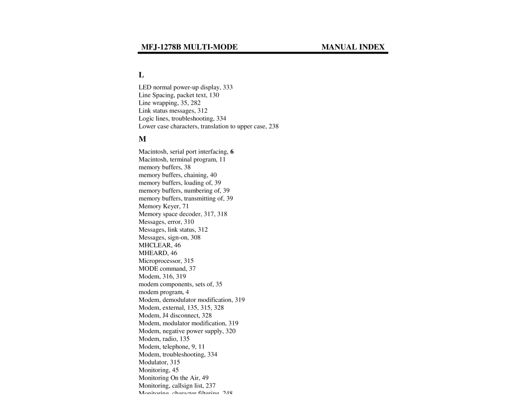 Epson manual MFJ-1278B MULTI-MODE Manual Index 