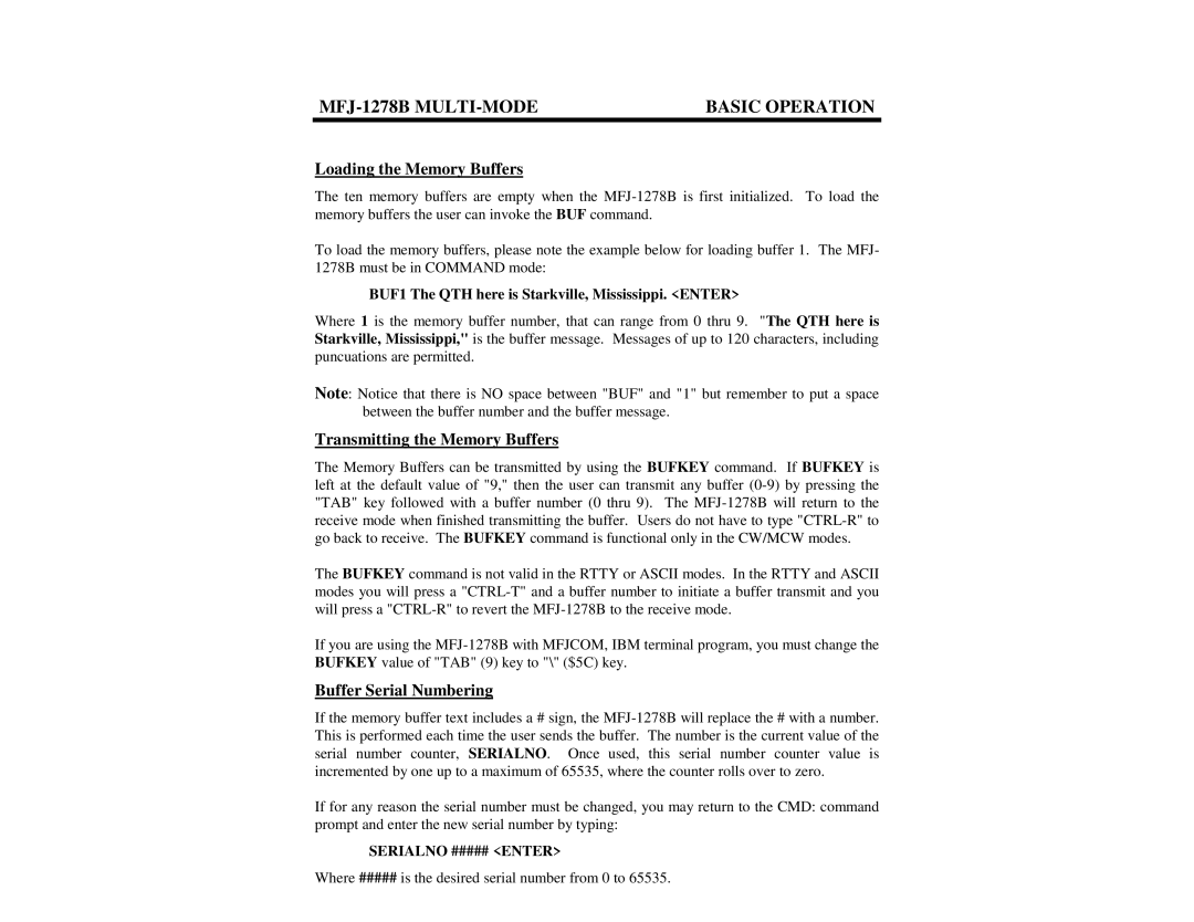 Epson MFJ-1278B Loading the Memory Buffers, Transmitting the Memory Buffers, Buffer Serial Numbering, Serialno ##### Enter 