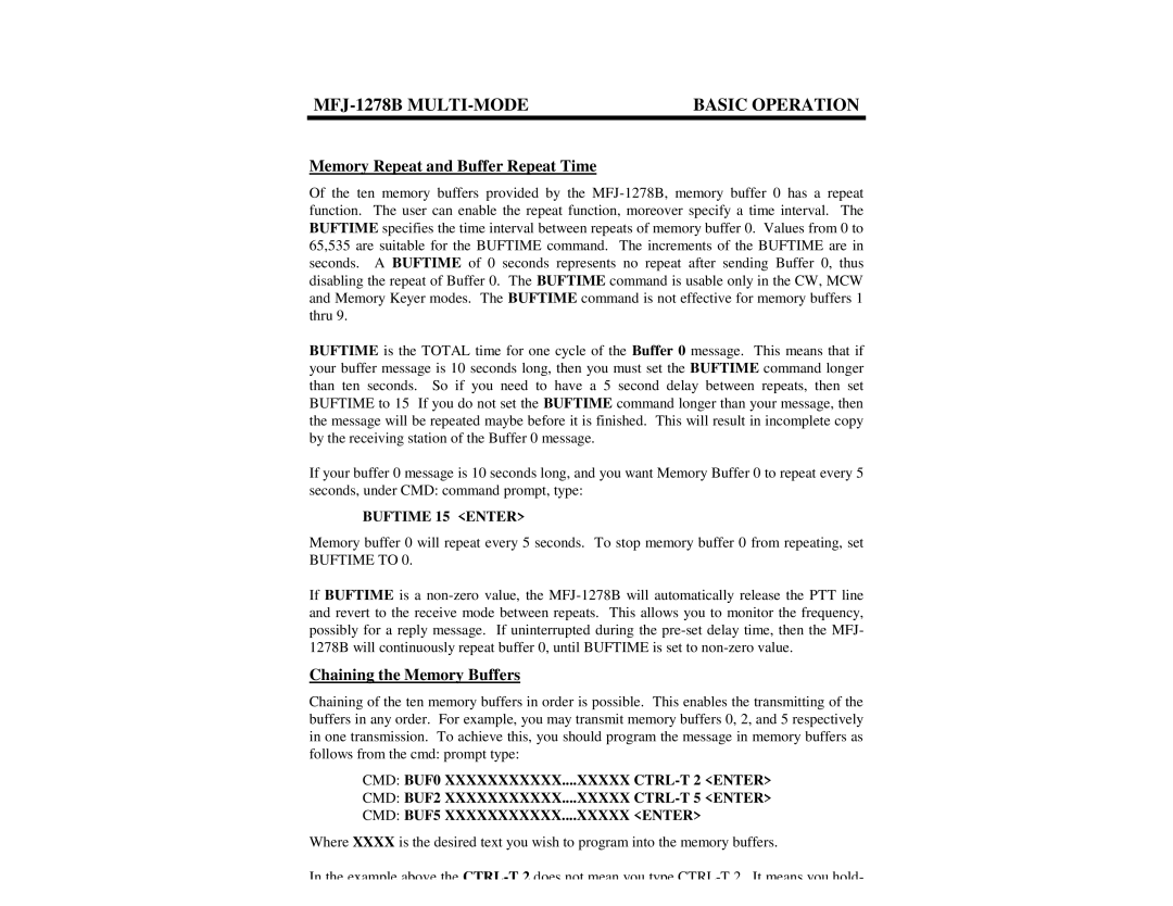 Epson MFJ-1278B manual Memory Repeat and Buffer Repeat Time, Chaining the Memory Buffers, Buftime 15 Enter, Buftime to 