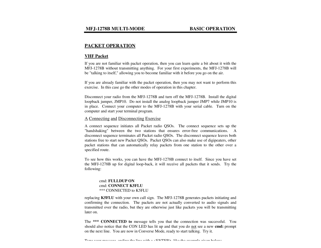 Epson manual MFJ-1278B MULTI-MODE Basic Operation Packet Operation, VHF Packet, Connecting and Disconnecting Exercise 