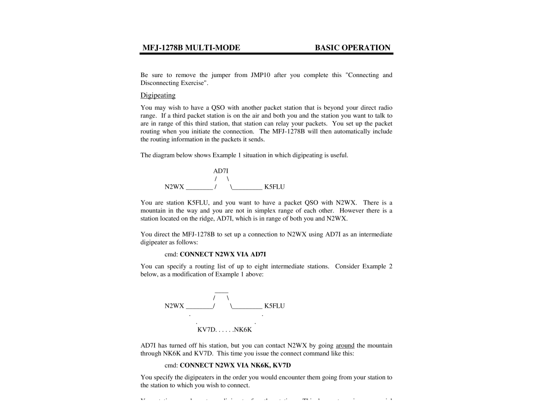 Epson MFJ-1278B manual Digipeating, Cmd Connect N2WX VIA AD7I, Cmd Connect N2WX VIA NK6K, KV7D 