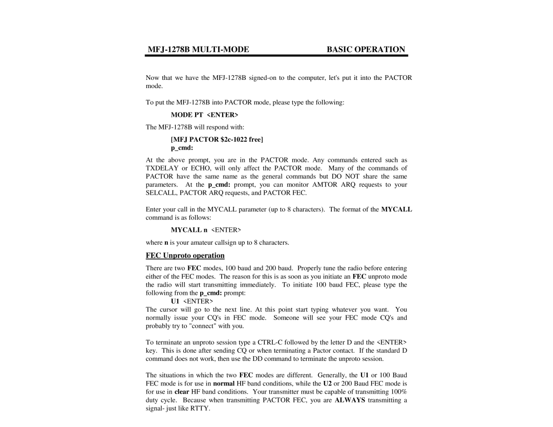 Epson MFJ-1278B manual FEC Unproto operation, Mode PT Enter, MFJ Pactor $2c-1022 free pcmd, Mycall n Enter, U1 Enter 