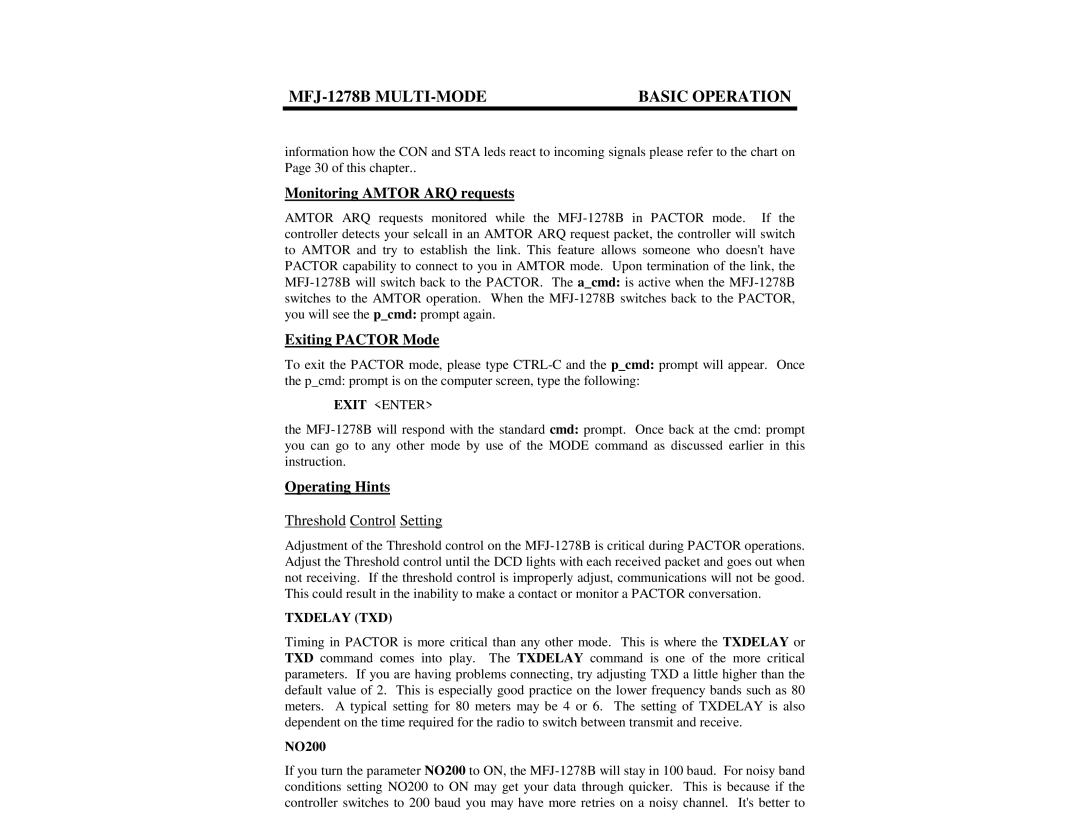 Epson MFJ-1278B manual Monitoring Amtor ARQ requests, Exiting Pactor Mode, Operating Hints, Threshold Control Setting 