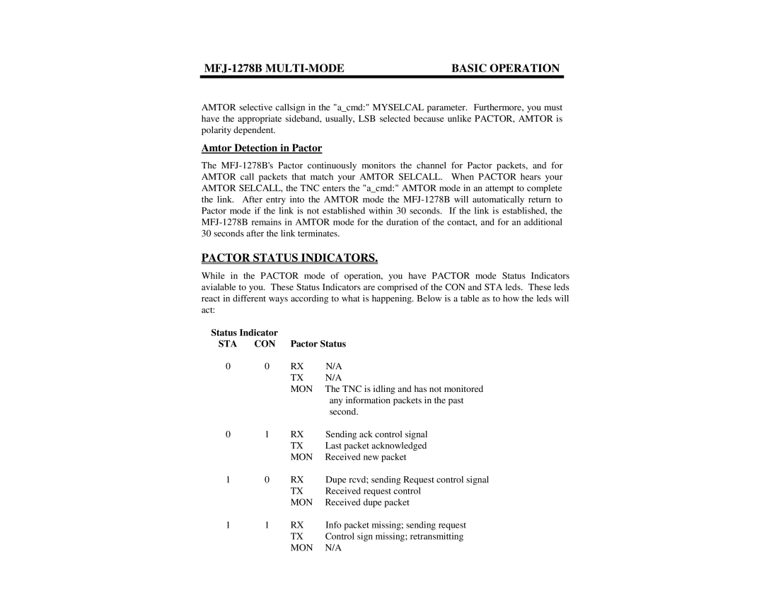 Epson MFJ-1278B manual Pactor Status Indicators, Amtor Detection in Pactor, Sta Con 