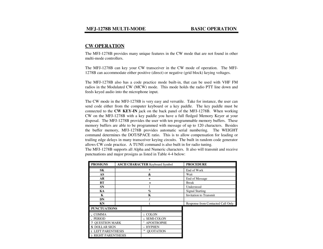 Epson manual MFJ-1278B MULTI-MODE Basic Operation CW Operation, Procedure 