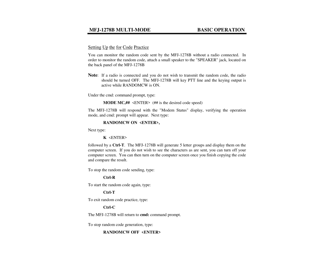 Epson MFJ-1278B manual Setting Up the for Code Practice, Randomcw on Enter, Ctrl-R, Ctrl-T, Ctrl-C 