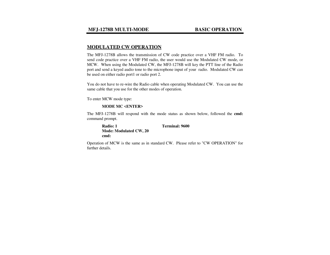 Epson MFJ-1278B MULTI-MODE Basic Operation Modulated CW Operation, Mode MC Enter, Radio Terminal Mode Modulated CW Cmd 