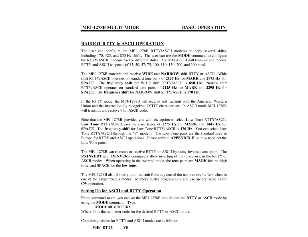 Epson MFJ-1278B manual Setting Up for Ascii and Rtty Operation, Mode ## Enter, VHF Rtty 