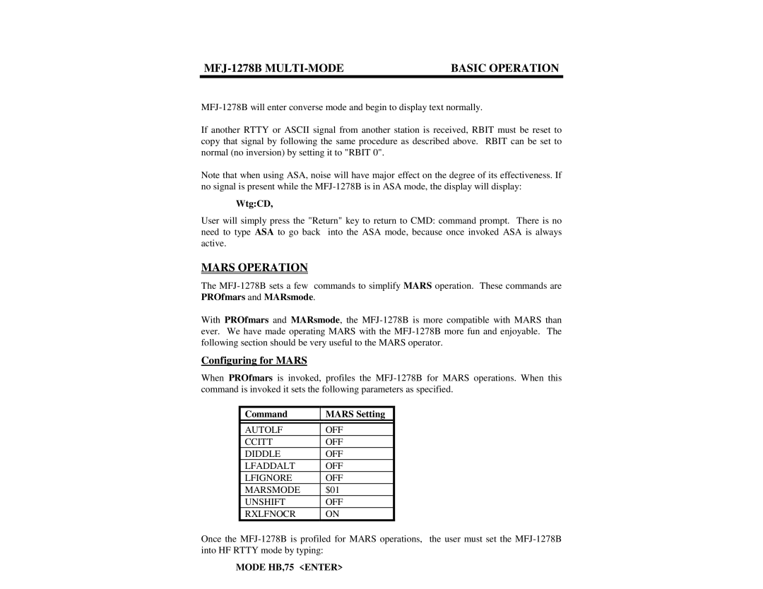 Epson MFJ-1278B manual Mars Operation, Configuring for Mars, Command Mars Setting, Mode HB,75 Enter 