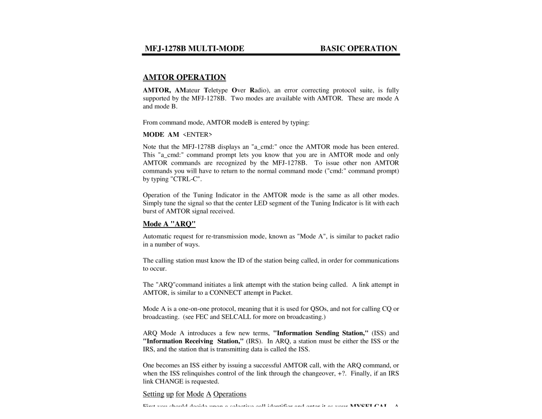 Epson MFJ-1278B MULTI-MODE Basic Operation Amtor Operation, Mode a ARQ, Setting up for Mode a Operations, Mode AM Enter 