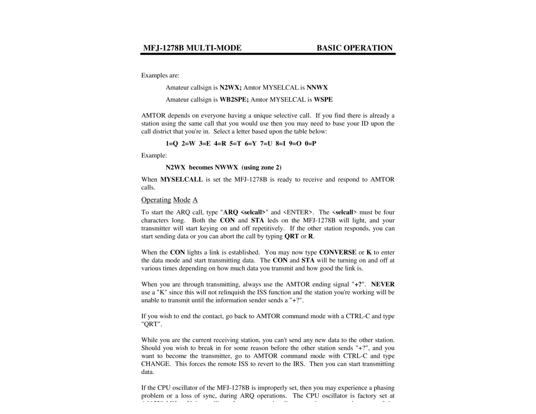 Epson MFJ-1278B manual Operating Mode a, =Q 2=W 3=E 4=R 5=T 6=Y 7=U 8=I 9=O 0=P, N2WX becomes Nwwx using zone 