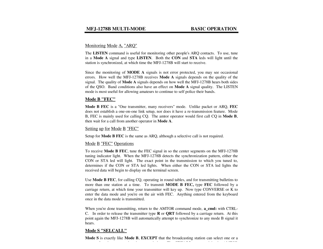 Epson MFJ-1278B manual Monitoring Mode A, ARQ, Setting up for Mode B FEC, Mode B FEC Operations, Mode S Selcall 