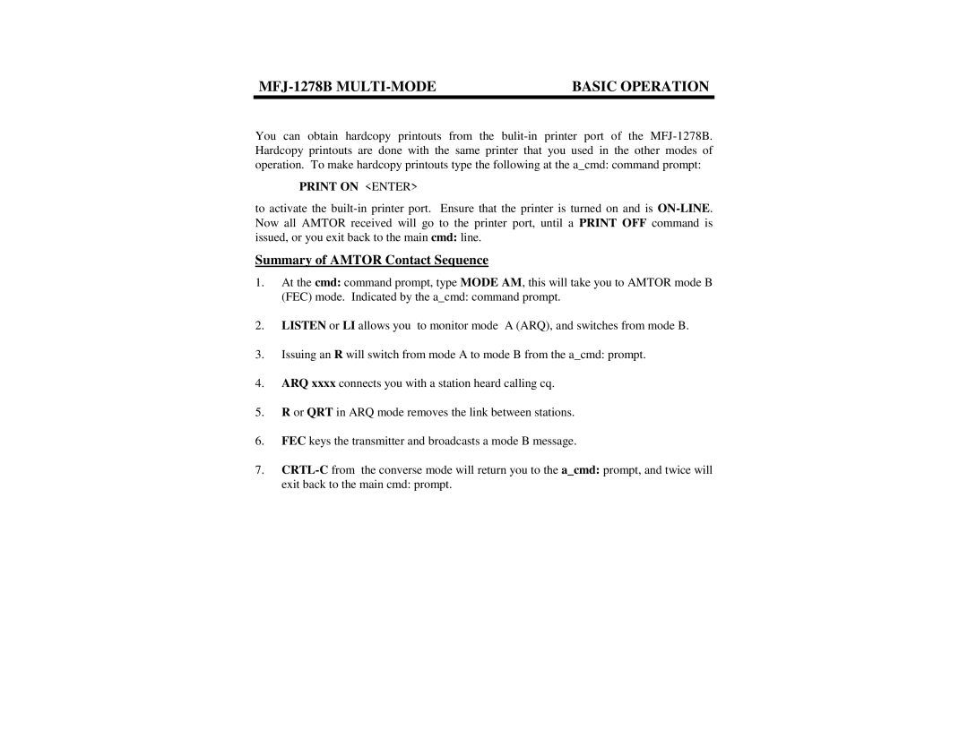 Epson MFJ-1278B manual Summary of Amtor Contact Sequence, Print on Enter 