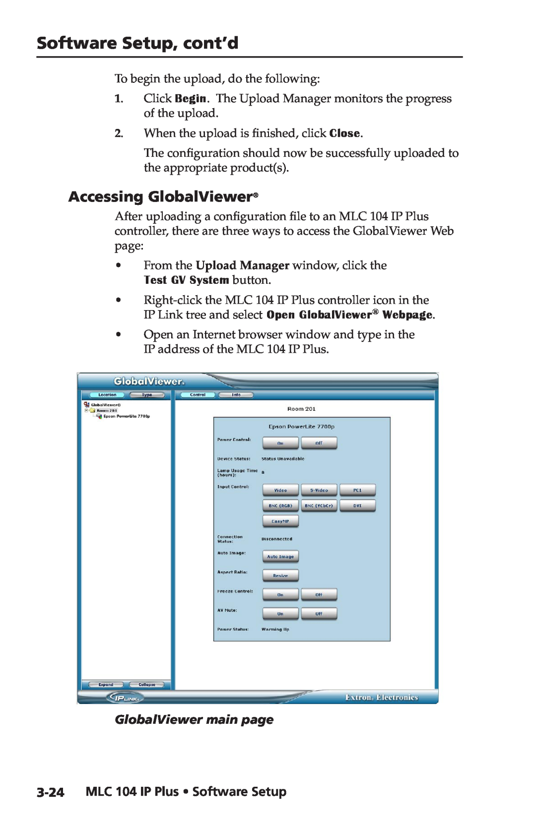 Epson setup guide Accessing GlobalViewer, Software Setup, cont’d, MLC 104 IP Plus Software Setup, Test GV System button 