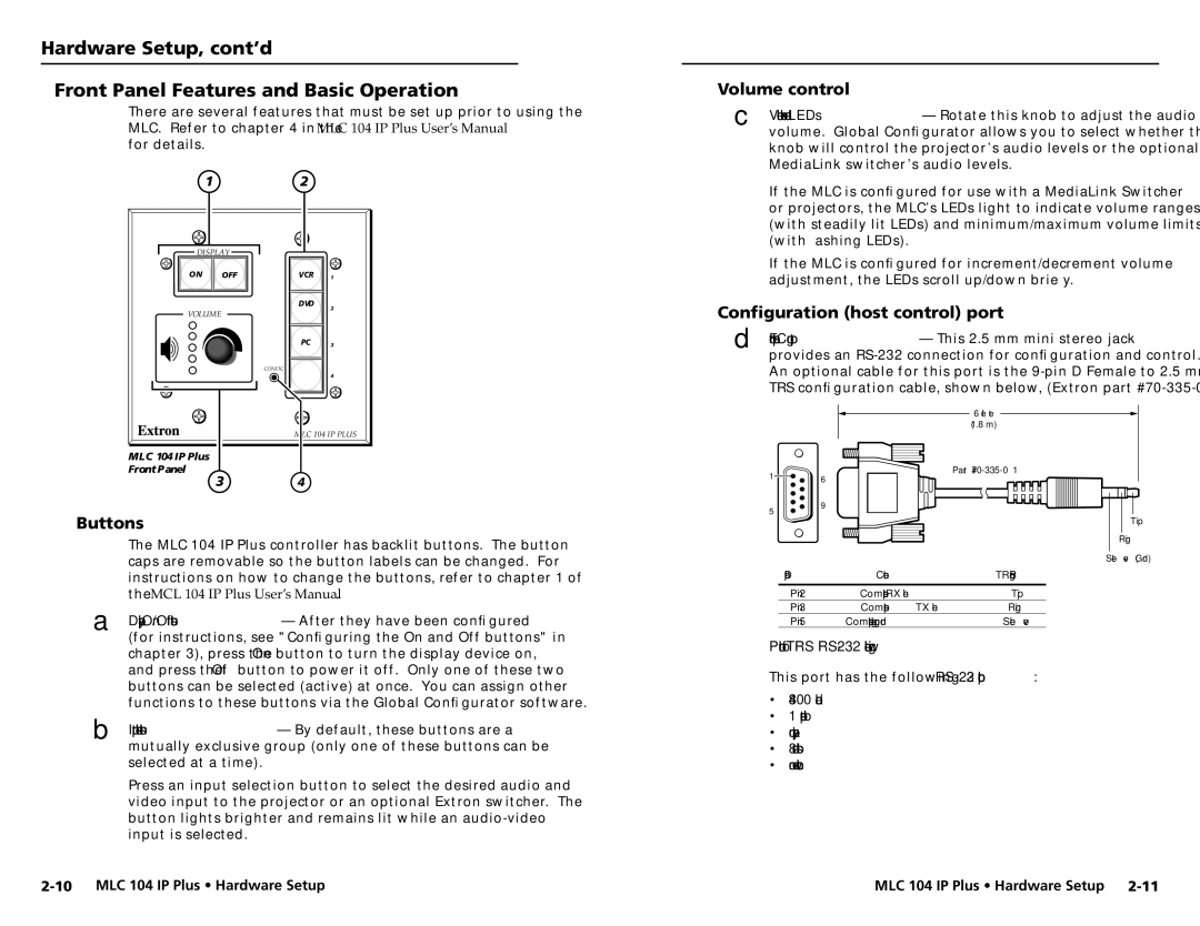 Epson MLC 104 IP Plus Volume control, Configuration host control port, Buttons, Pinout for TRS RS-232 cable wiring 