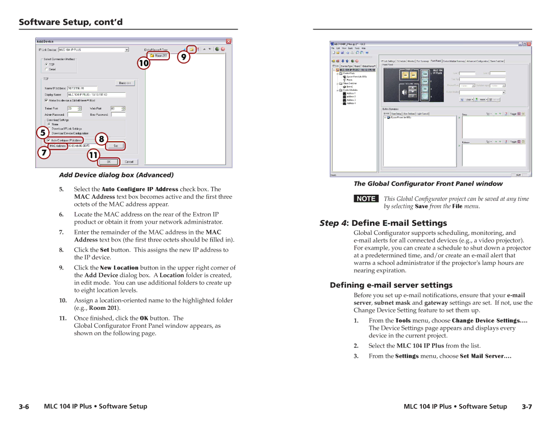 Epson MLC 104 IP Plus setup guide Software Setup, cont’d, Defining e-mail server settings, Add Device dialog box Advanced 