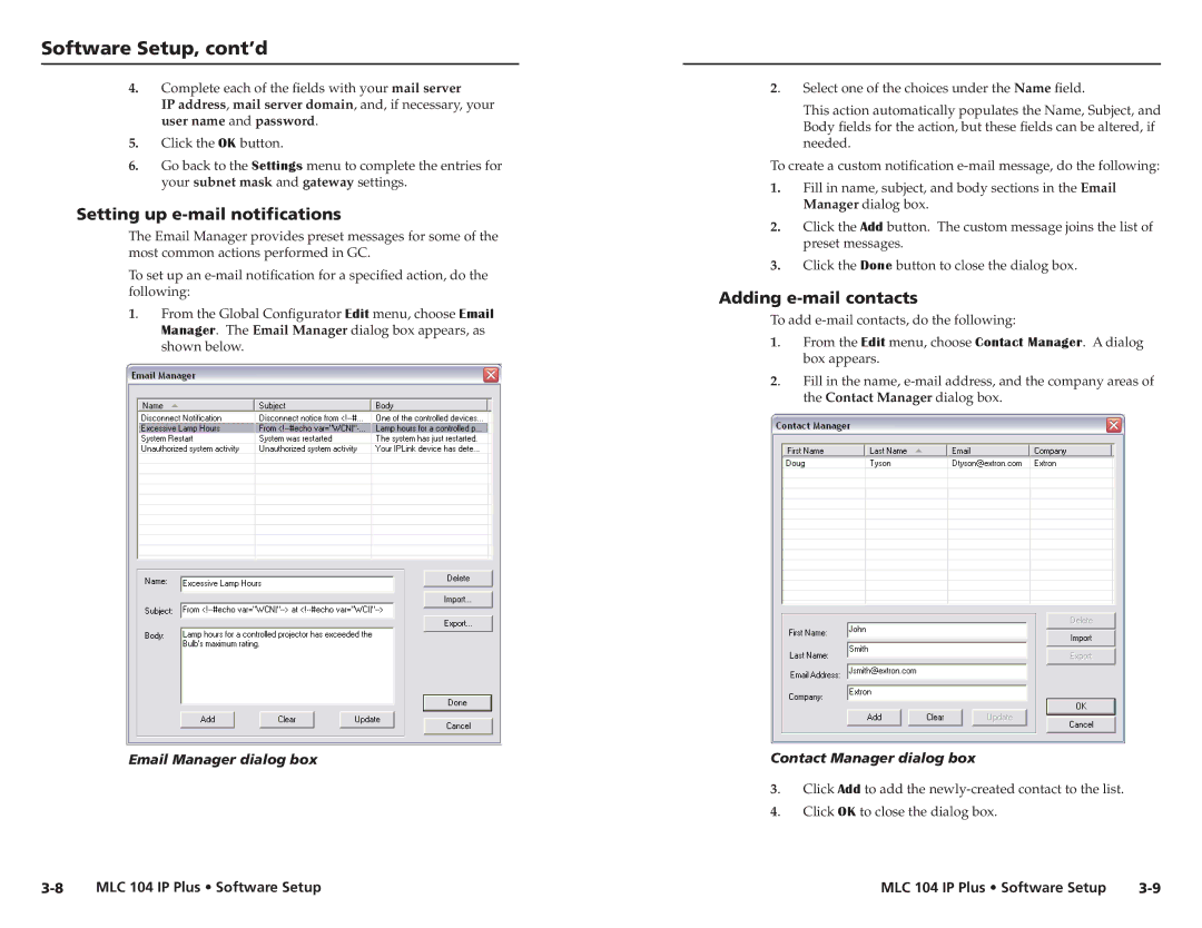 Epson MLC 104 IP Plus setup guide Setting up e-mail notifications, Adding e-mail contacts, Contact Manager dialog box 