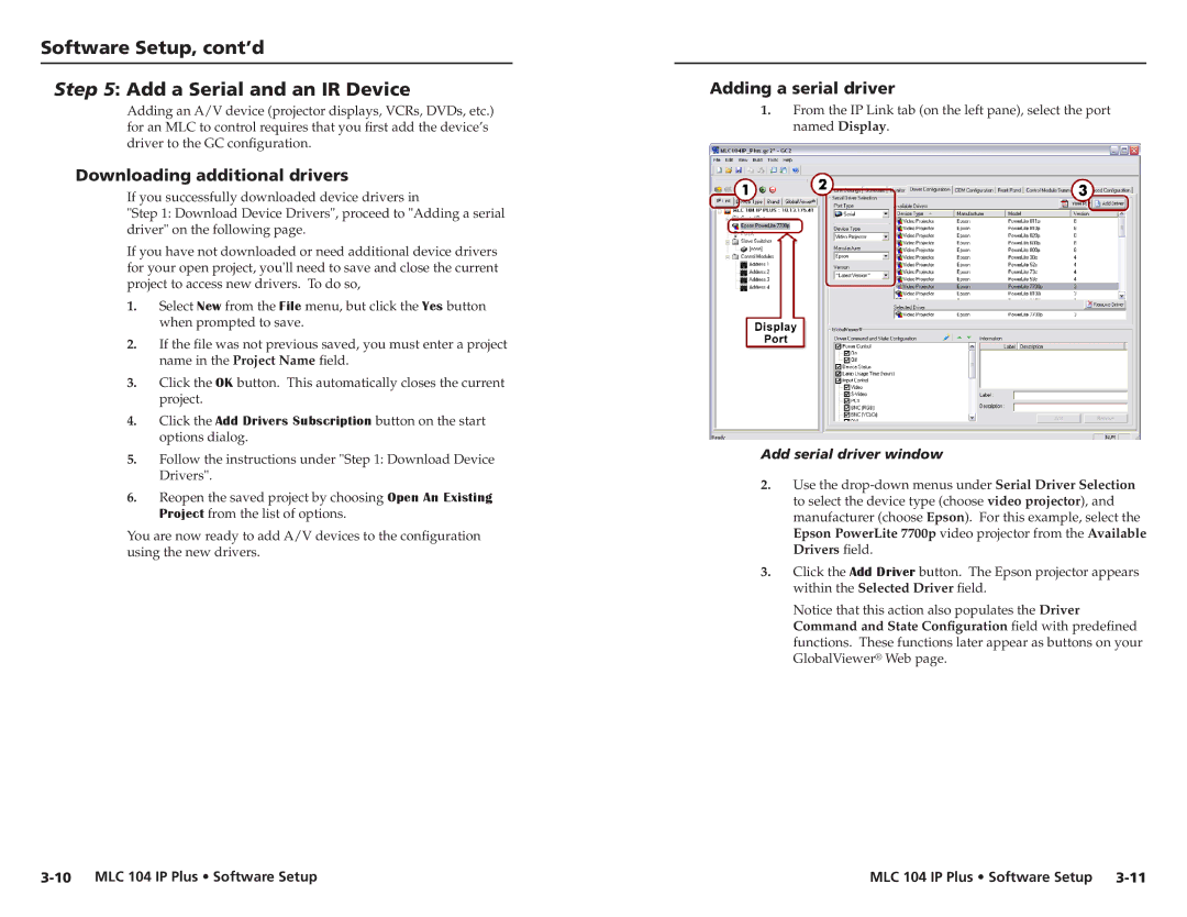 Epson MLC 104 IP Plus setup guide Software Setup, cont’d Add a Serial and an IR Device, Downloading additional drivers 