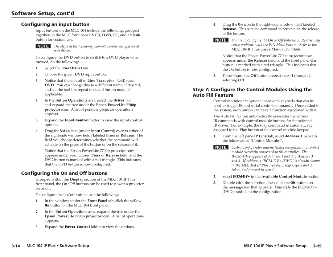 Epson MLC 104 IP Plus setup guide Configuring an input button, Configuring the On and Off buttons 