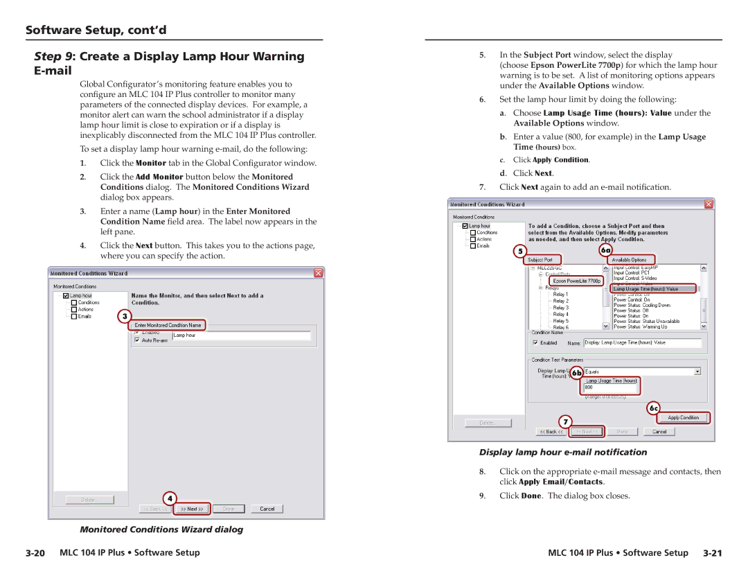 Epson MLC 104 IP Plus setup guide Monitored Conditions Wizard dialog, Display lamp hour e-mail notification 