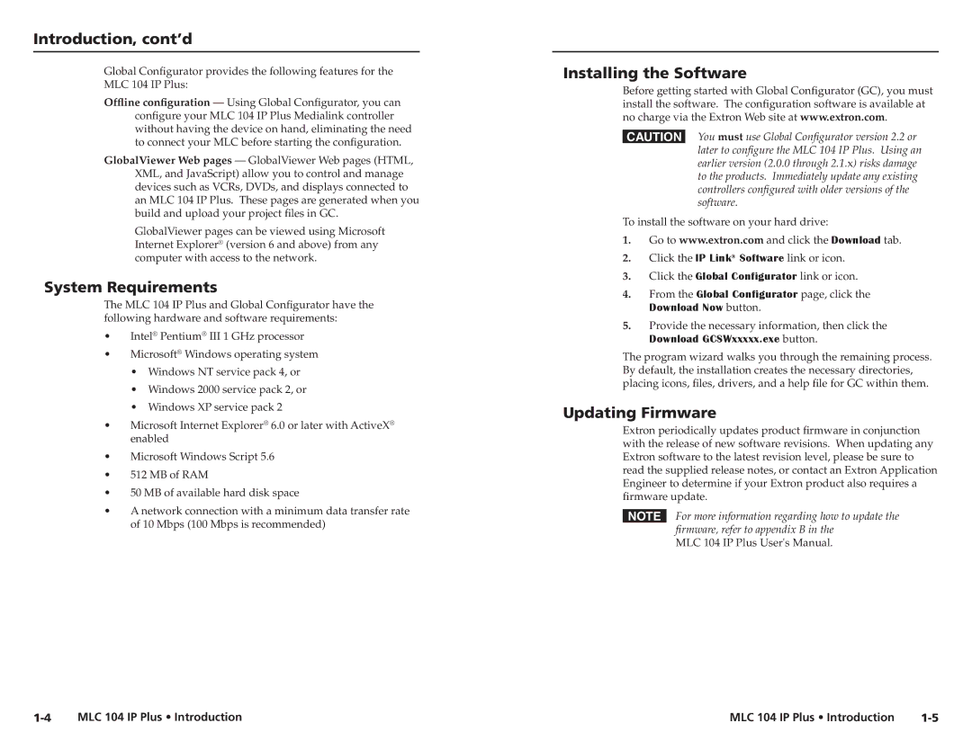 Epson MLC 104 IP Plus setup guide Introduction, cont’d, System Requirements, Installing the Software, Updating Firmware 