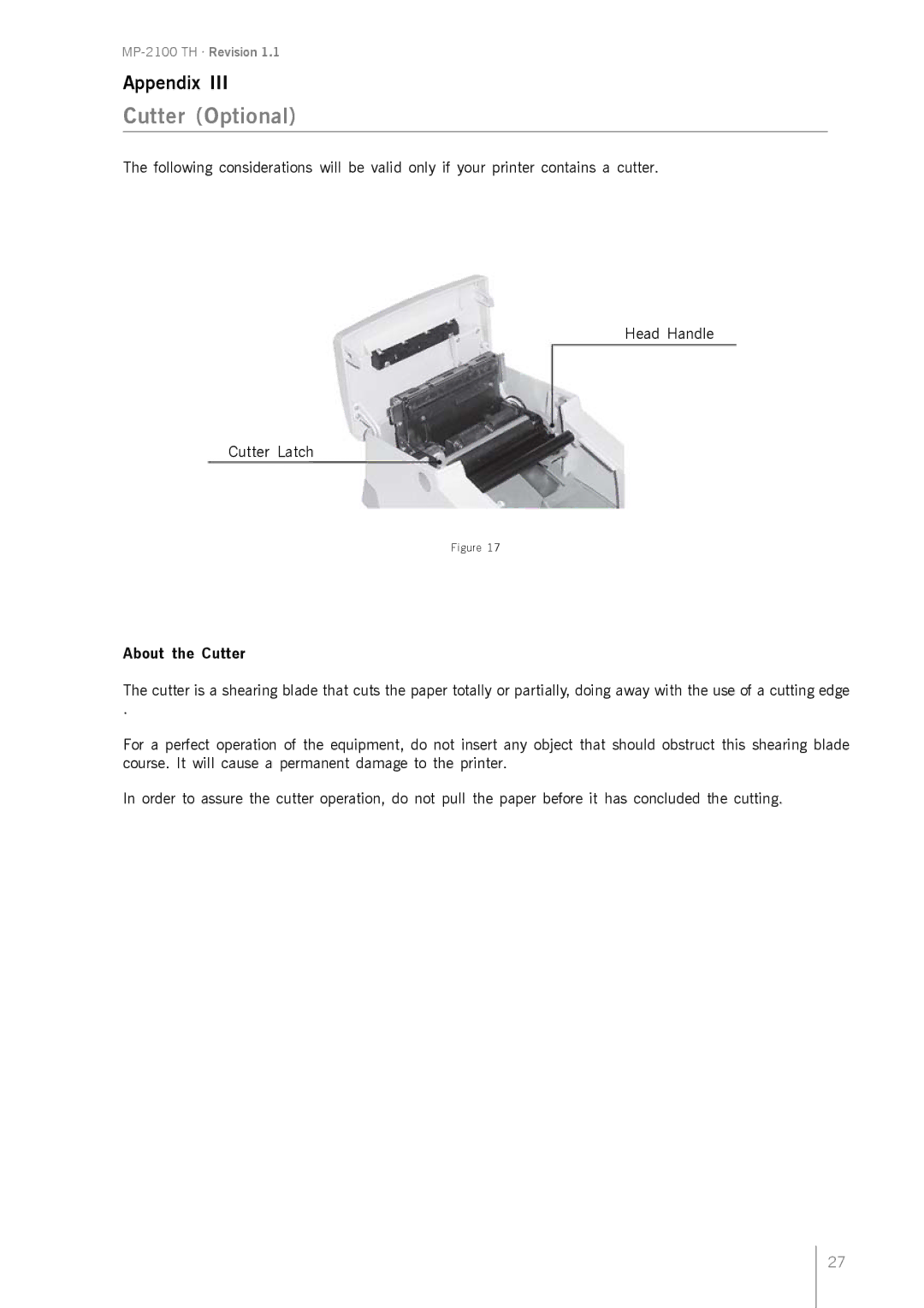 Epson MP-2100 TH manual Cutter Optional, About the Cutter 