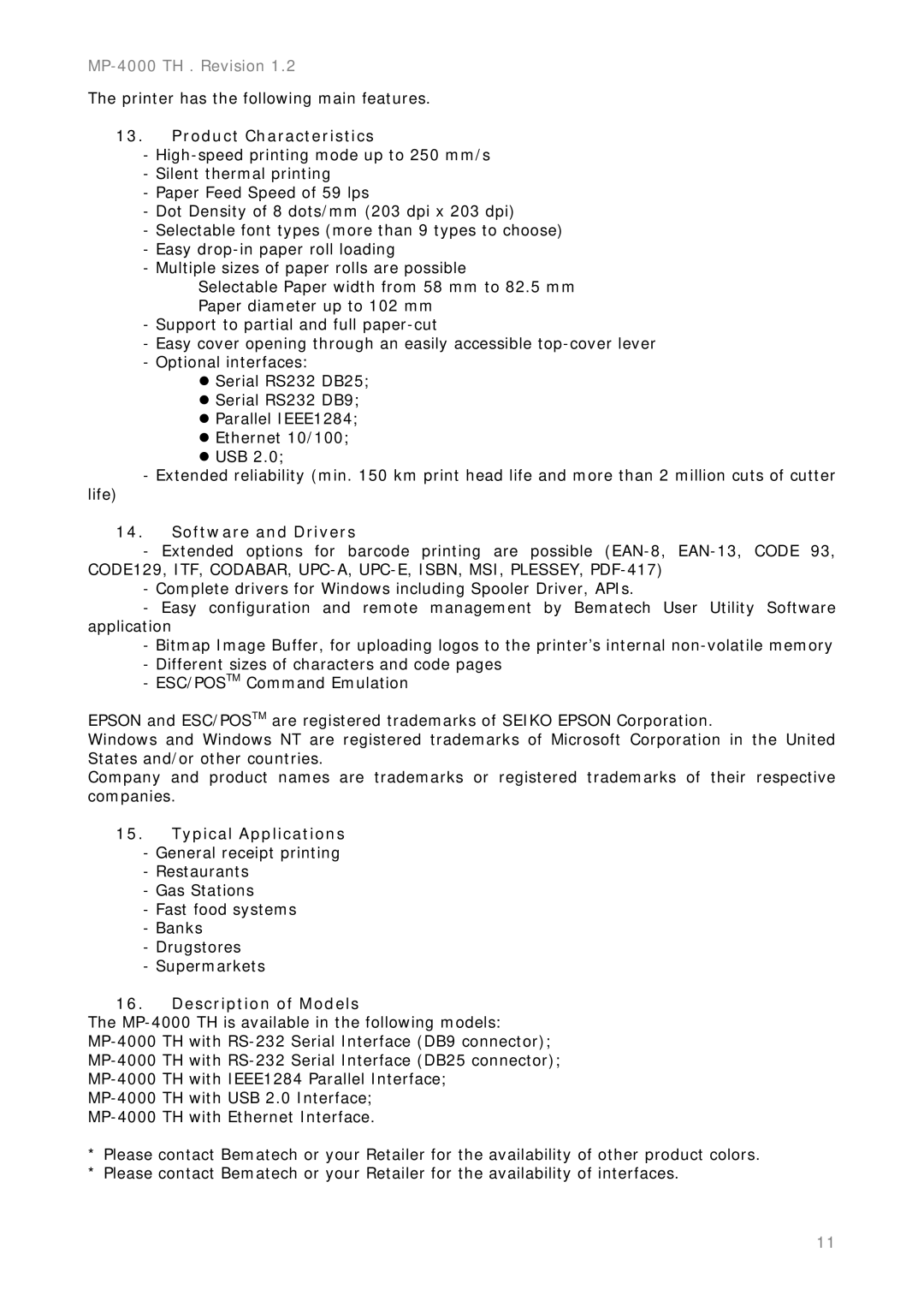 Epson MP-4000 manual Product Characteristics, Software and Drivers, Typical Applications, Description of Models 