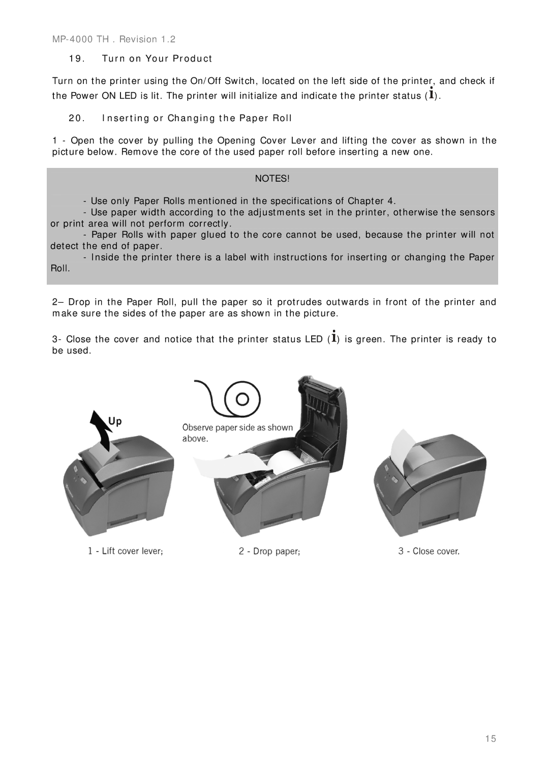 Epson MP-4000 manual Turn on Your Product, Inserting or Changing the Paper Roll 