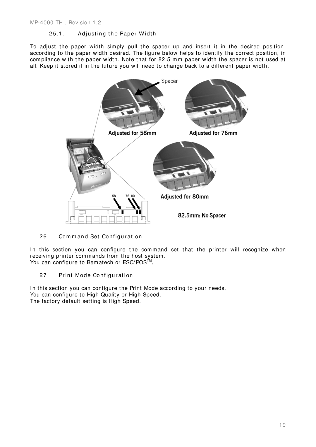 Epson MP-4000 manual Adjusting the Paper Width, Command Set Configuration, Print Mode Configuration 