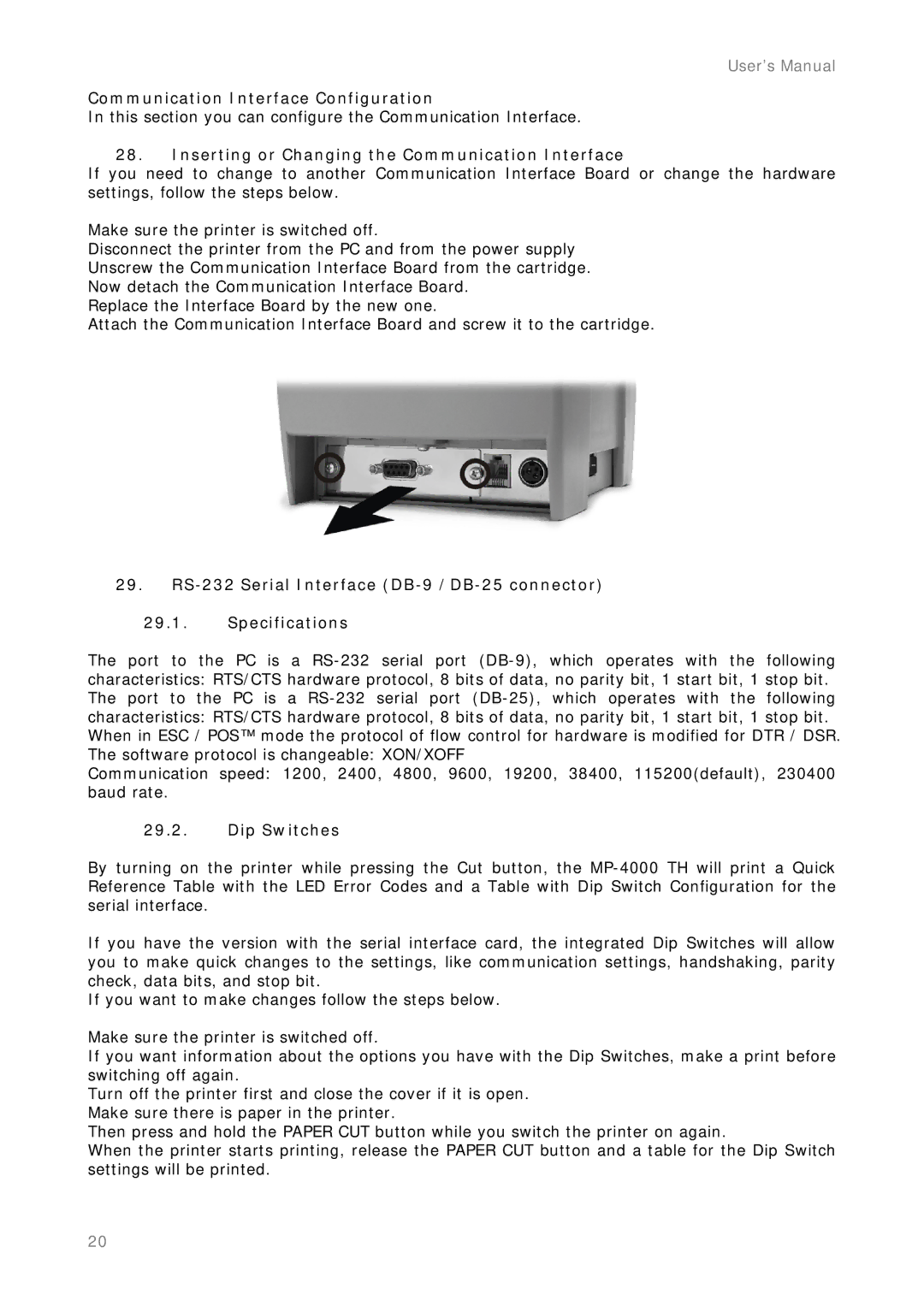 Epson MP-4000 manual Communication Interface Configuration, Inserting or Changing the Communication Interface, Dip Switches 