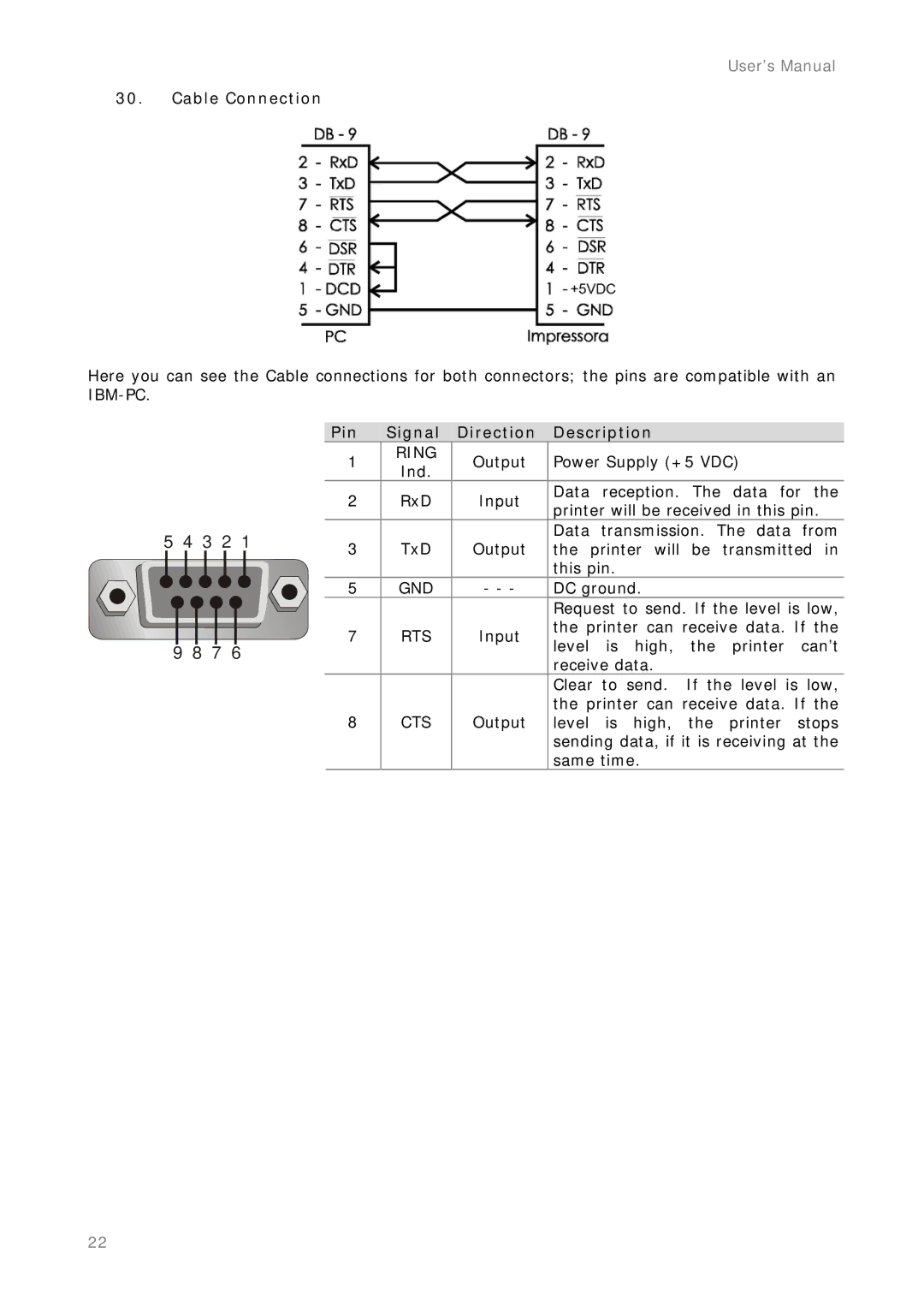 Epson MP-4000 manual Cable Connection, Pin Signal Direction Description 