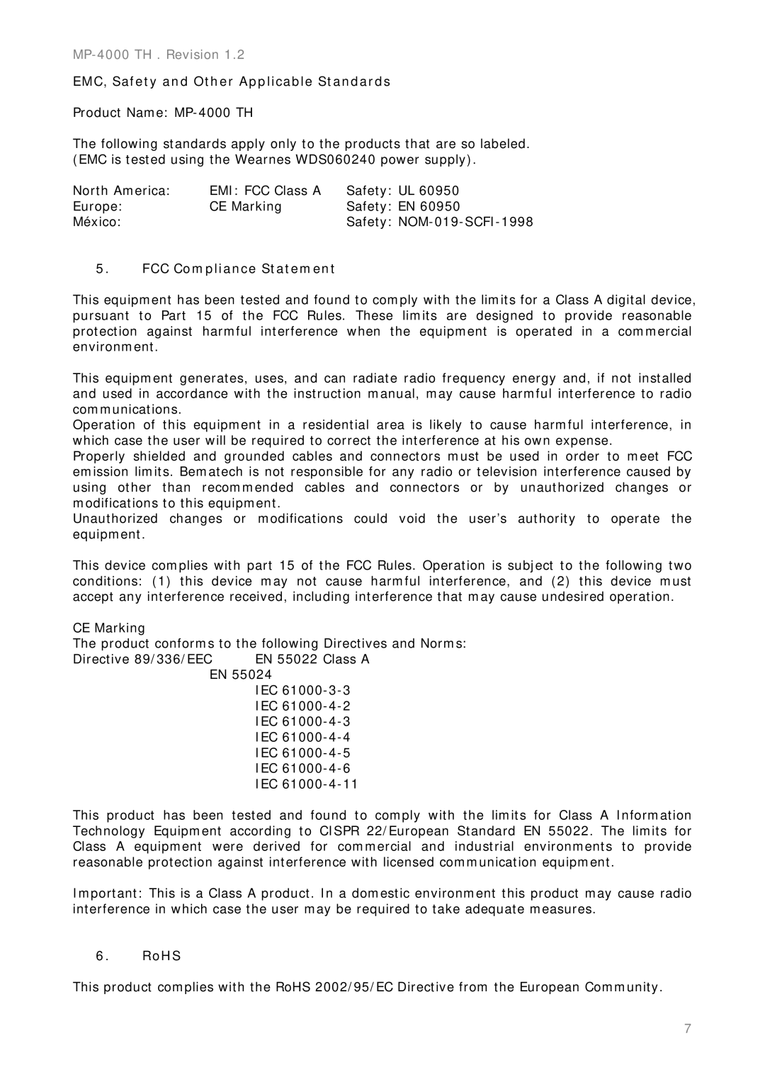 Epson MP-4000 manual FCC Compliance Statement, RoHS 