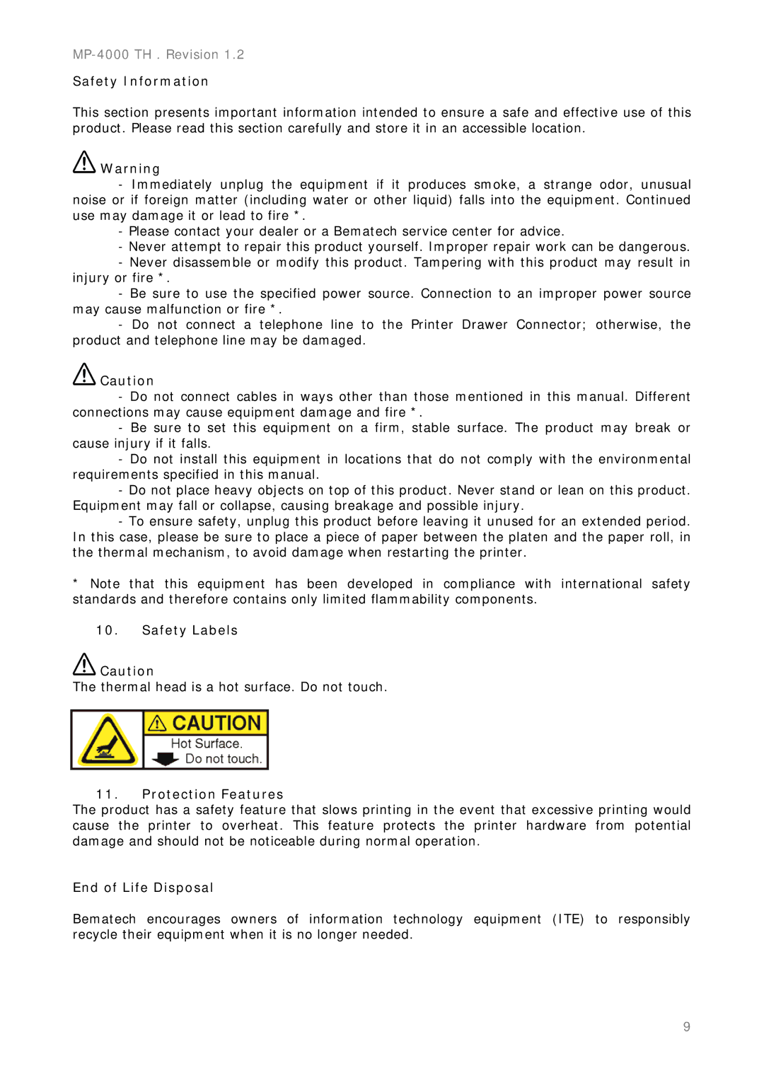 Epson MP-4000 manual Safety Information, Safety Labels, Protection Features, End of Life Disposal 