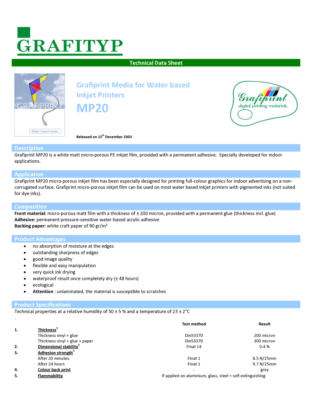 Epson MP20 specifications Technical Data Sheet, Description, Application, Composition, Product Advantages 