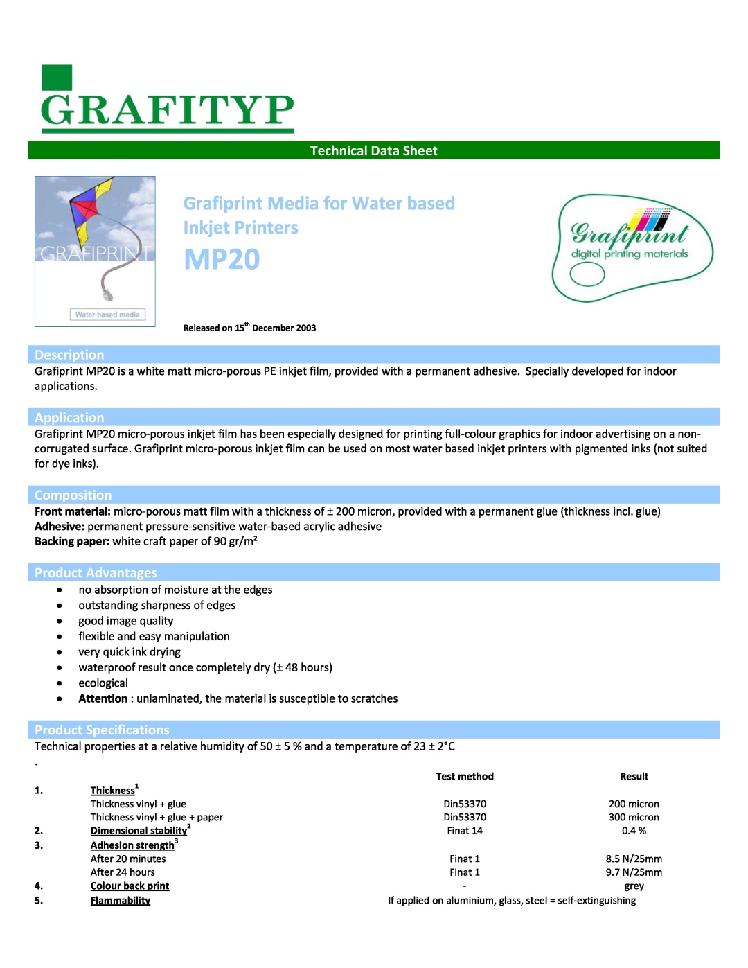 Epson MP20 specifications Technical Data Sheet, Description, Application, Composition, Product Advantages 