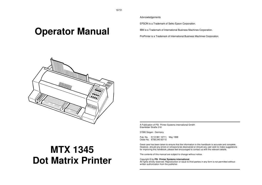 Epson MTX 1345 manual Operator Manual MTX Dot Matrix Printer 