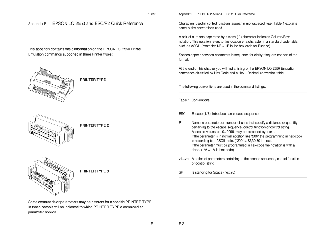 Epson MTX 1345 manual Appendix F Epson LQ 2550 and ESC/P2 Quick Reference, 1F-2 