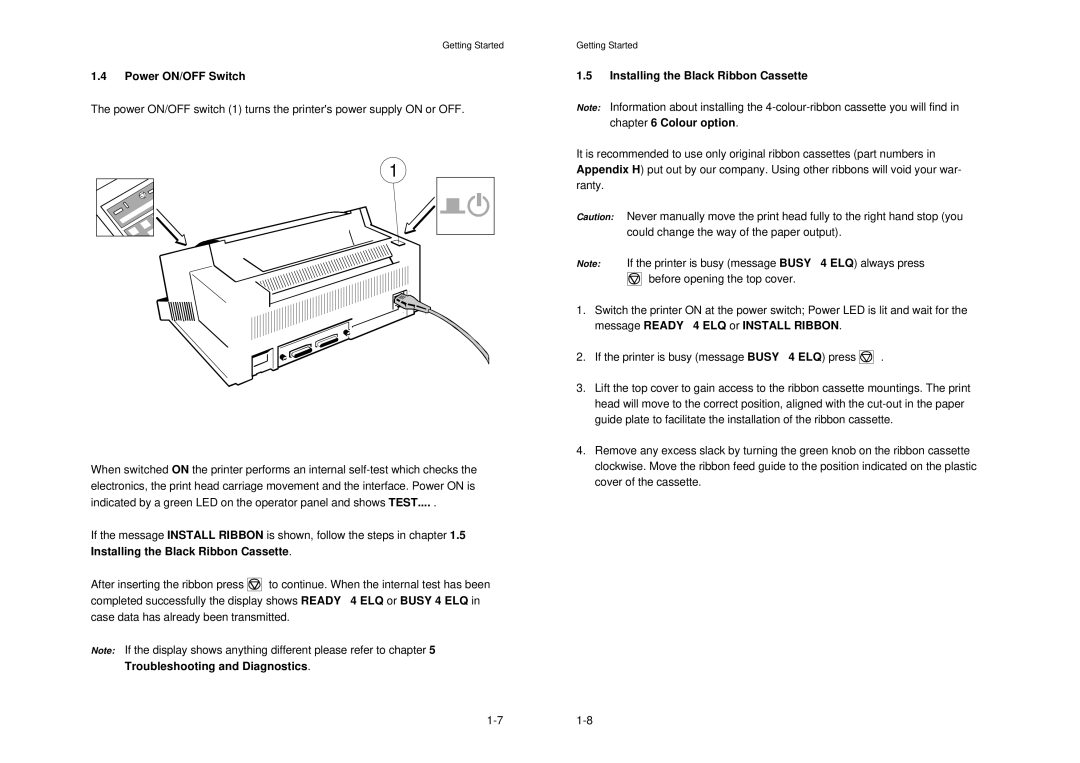 Epson MTX 1345 manual Power ON/OFF Switch, Installing the Black Ribbon Cassette, Before opening the top cover 